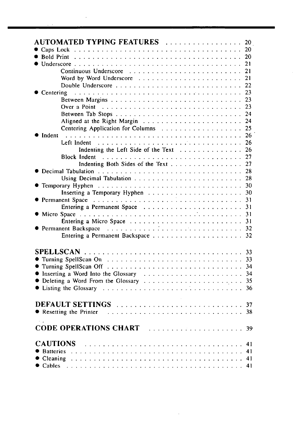 Automated typing features, Spellscan, Default settings | Code operations chart, Cautions | Panasonic KX-E2000 User Manual | Page 6 / 63