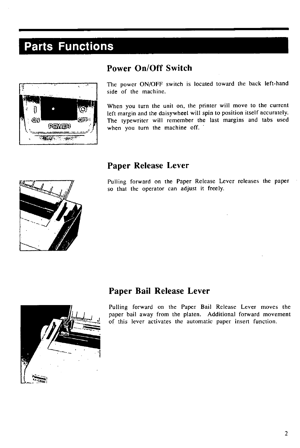 Parts functions, Power on/off switch, Paper release lever | Paper bail release lever | Panasonic KX-E2000 User Manual | Page 9 / 63