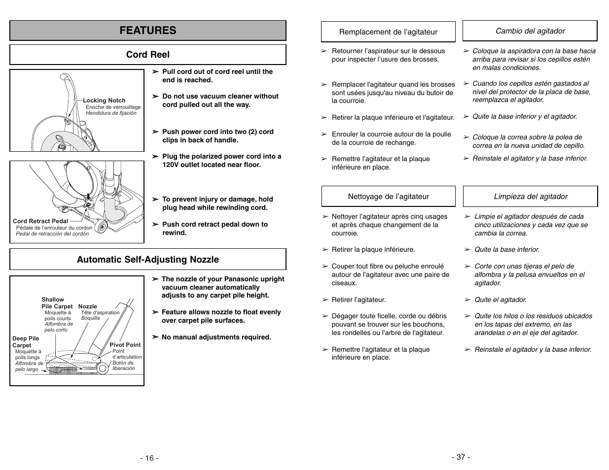 Features, Cord reel, Automatic self-adjusting nozzle | Panasonic MC-UG471 User Manual | Page 16 / 52