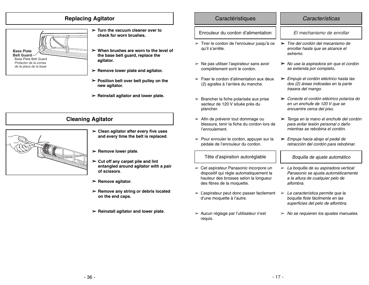 Caracteristiques, Enrouleur du cordon d'alimentation, Tete d'aspiration autoreglable | Caracteristicas, El mechanismo de enrollar, Boquilla de ajuste automatico, Características caractéristiques, Cleaning agitator, Replacing agitator | Panasonic MC-UG471 User Manual | Page 17 / 52