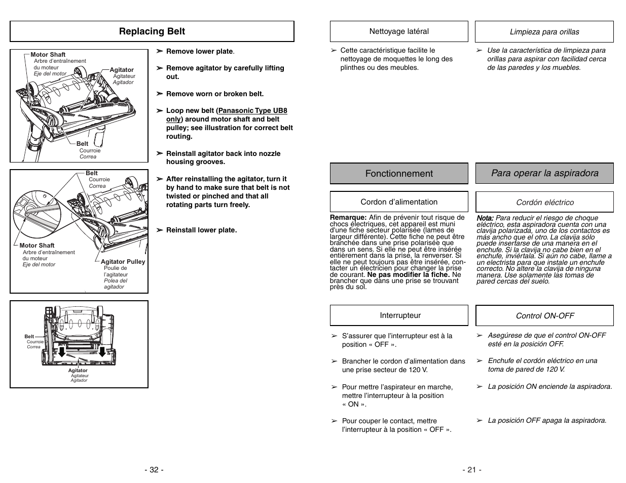 Nettoyage lateral, Fonctionnement, Cordon d'alimentation | Interrupteur, Limpieza para orillas, Para operar la aspiradora, Cordon electrico, Control on-off, Para operar la aspiradora fonctionnement, Replacing belt | Panasonic MC-UG471 User Manual | Page 21 / 52