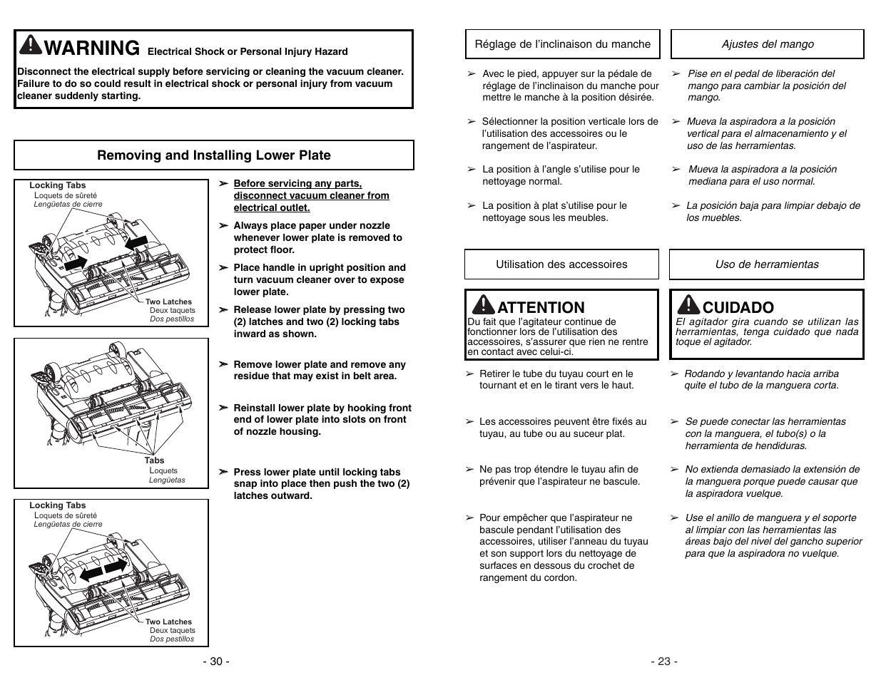 Reglage de l'inclinaison du manche, Utilisation des accessories, Ajustes del mango | Use de herramientas, Warning, Attention, Cuidado, Removing and installing lower plate | Panasonic MC-UG471 User Manual | Page 23 / 52