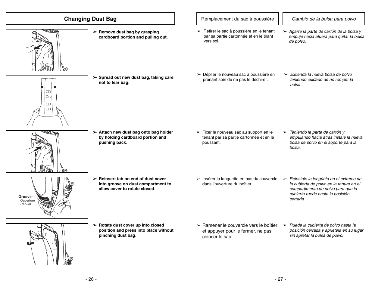 Changing dust bag | Panasonic MC-UG471 User Manual | Page 26 / 52