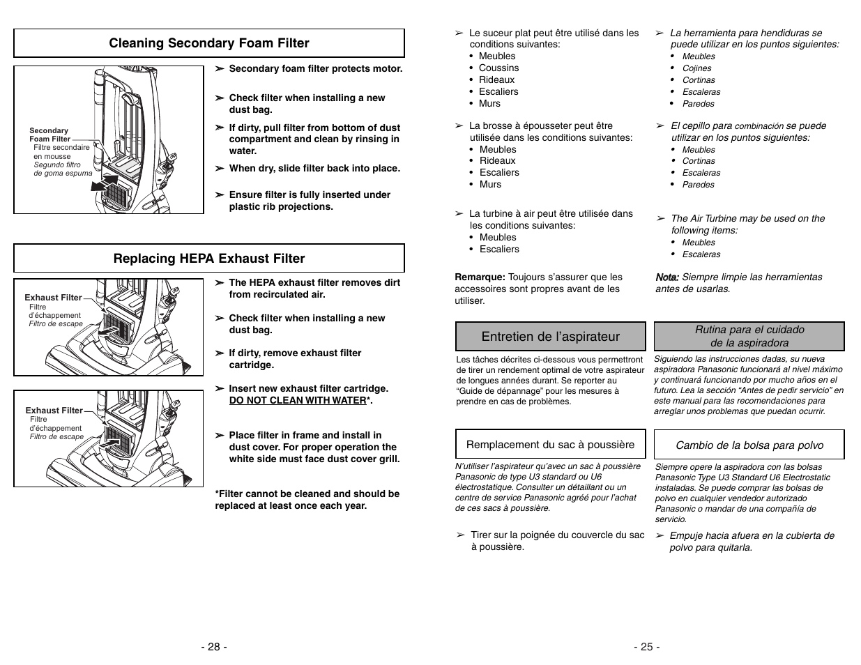 Cleaning secondary foam filter, Replacing hepa exhaust filter, Entretien de l’aspirateur | Panasonic MC-UG471 User Manual | Page 28 / 52