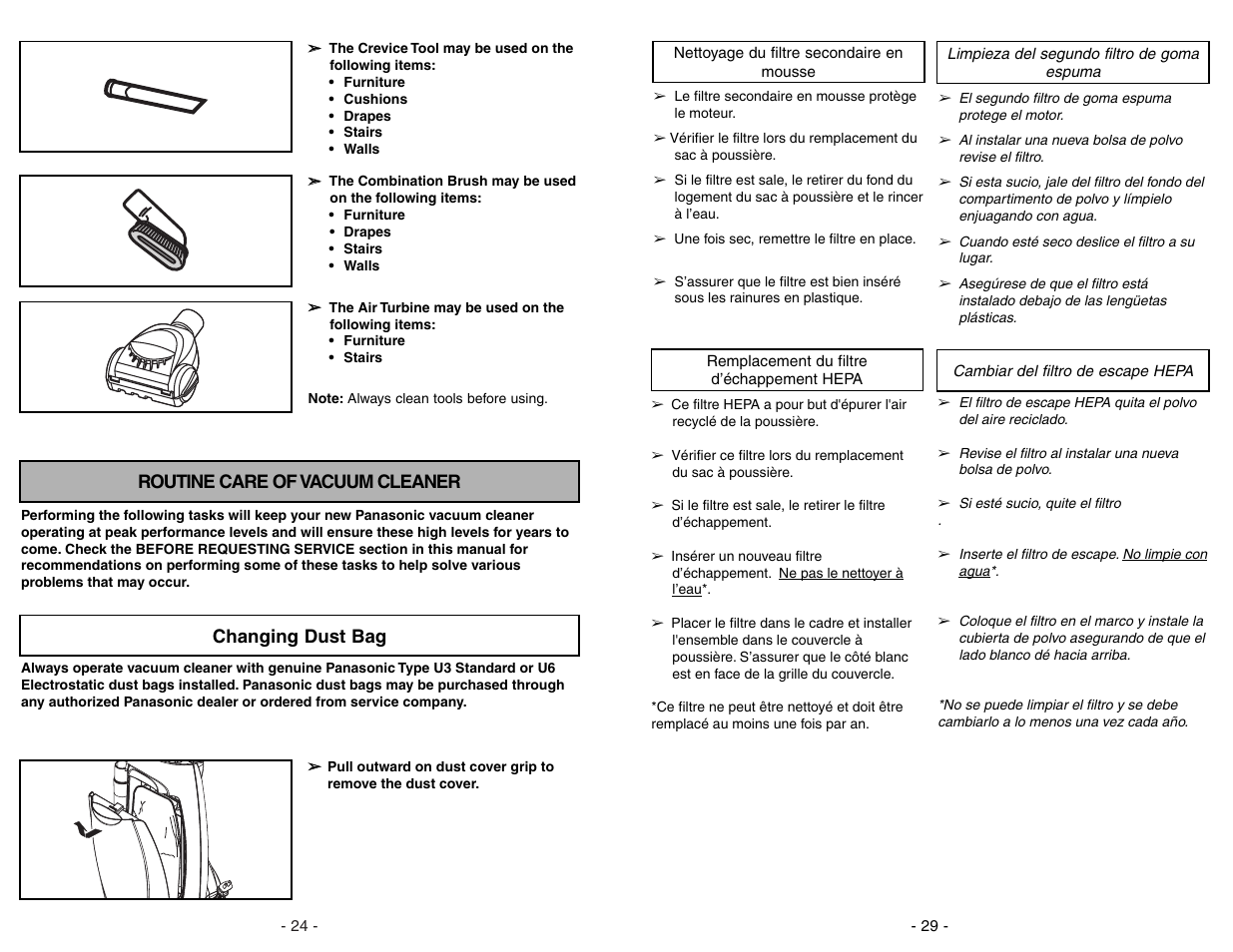 Nettoyage du filtre secondaire en mousse, Replacement du filtre d'evacuation hepa, Limpieza del segundo filtro de goma espuma | Cambiar del filtro de escape hepa | Panasonic MC-UG471 User Manual | Page 29 / 52