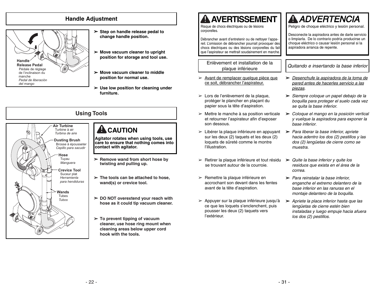 Enlevement et installation de la plaque inferieure, Remplacement de la courroie, Quitando e insertando la base inferior | Aad dv ve er rt te en nc ciia a, Avertissement, Caution | Panasonic MC-UG471 User Manual | Page 31 / 52