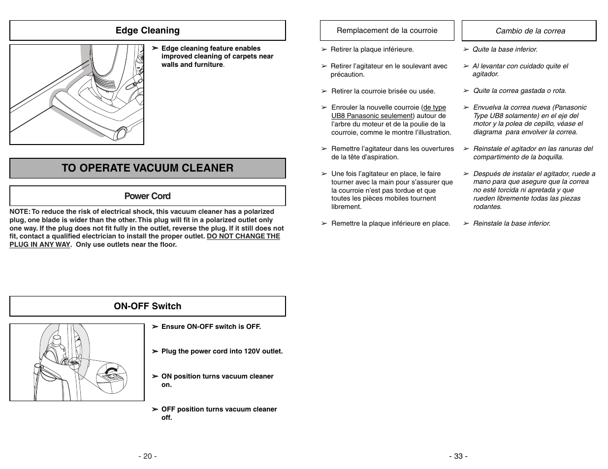 Cambio de la correa, Power cord, On-off switch | Edge cleaning | Panasonic MC-UG471 User Manual | Page 33 / 52