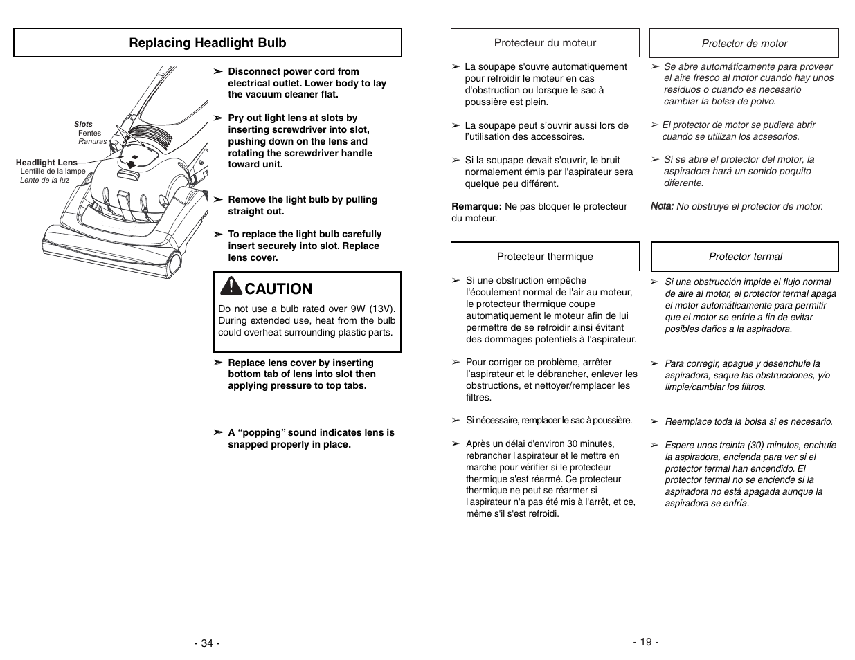 Replacing headlight bulb, Caution | Panasonic MC-UG471 User Manual | Page 34 / 52