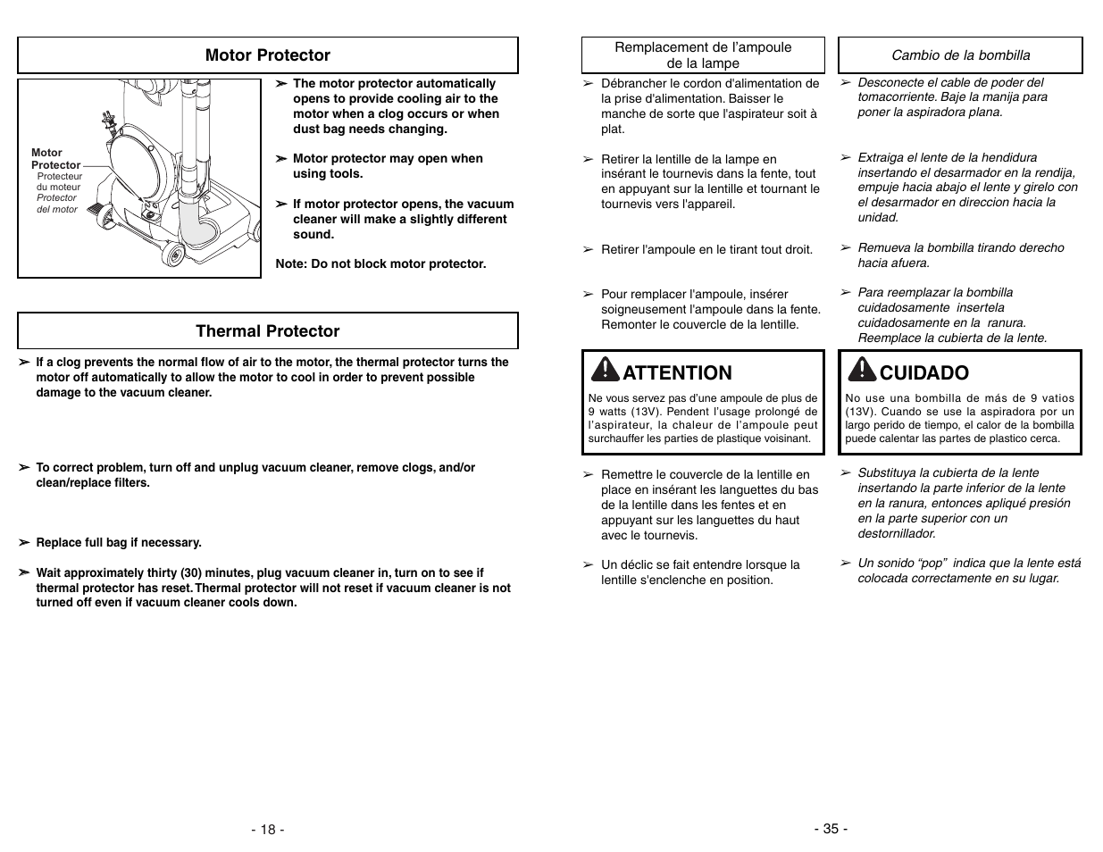 Replacement de l'ampoule de la lampe, Cambio de la bombilla, Attention | Cuidado, Motor protector, Thermal protector | Panasonic MC-UG471 User Manual | Page 35 / 52