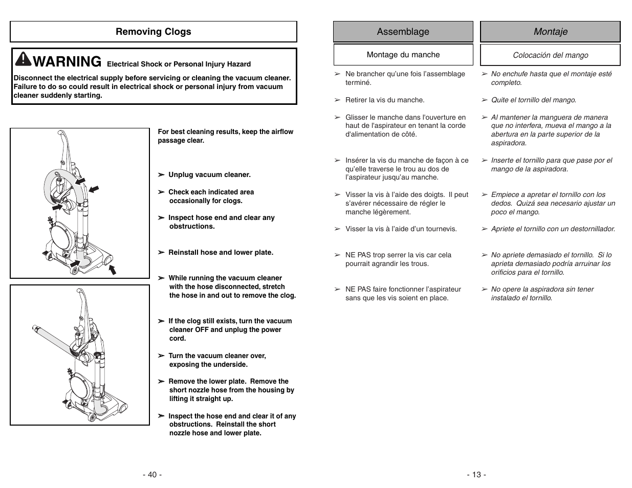 Removing clogs, Warning | Panasonic MC-UG471 User Manual | Page 40 / 52