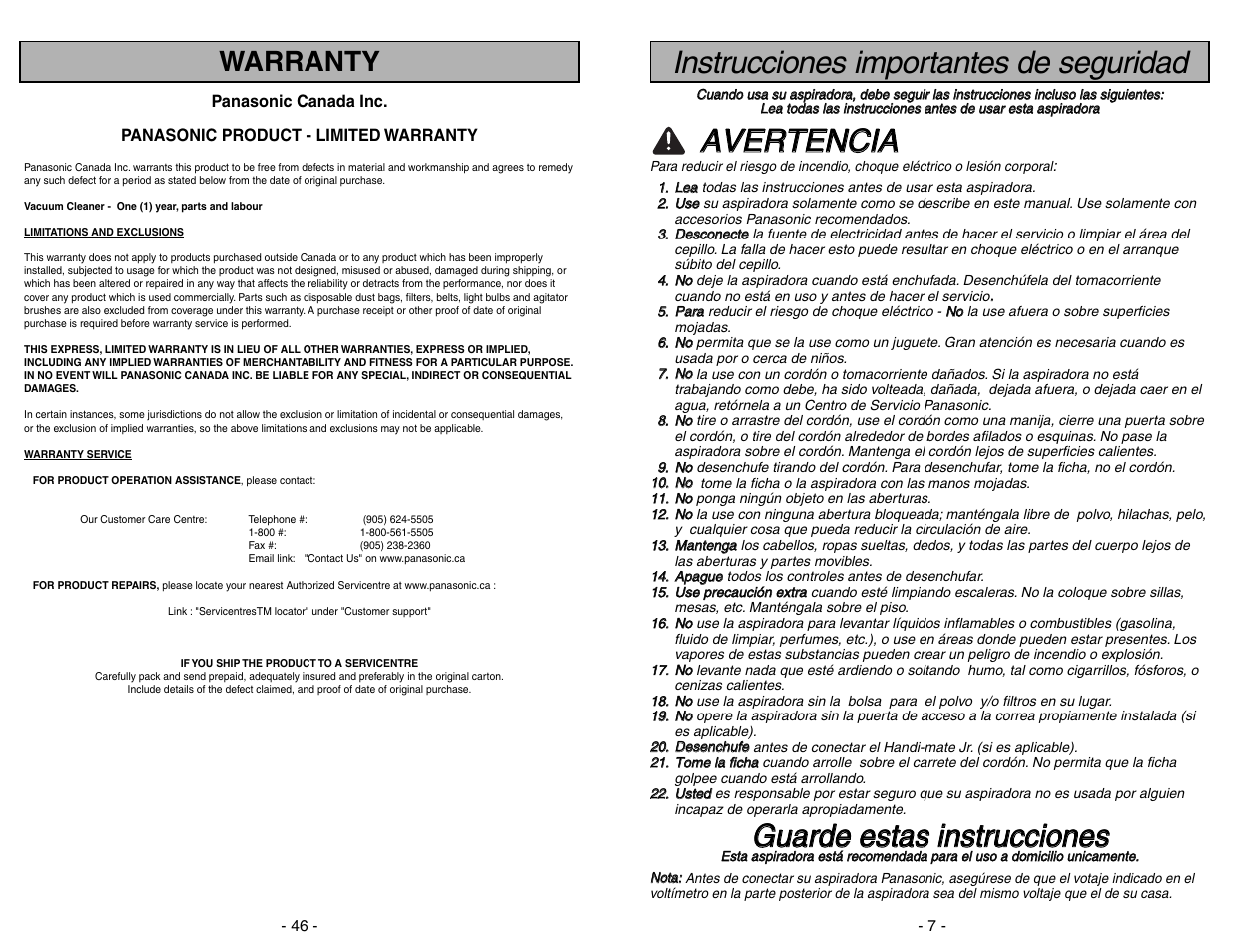Instrucciones importantes de seguridad, Aav ve er rt te en nc ciia a, Warranty | Panasonic MC-UG471 User Manual | Page 46 / 52