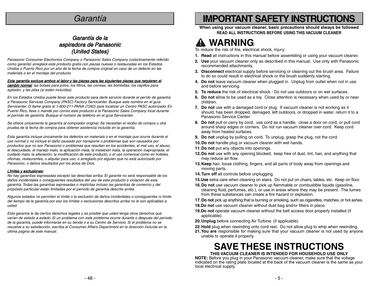 Warning, Save these instructions, Important safety instructions | Garantía | Panasonic MC-UG471 User Manual | Page 48 / 52