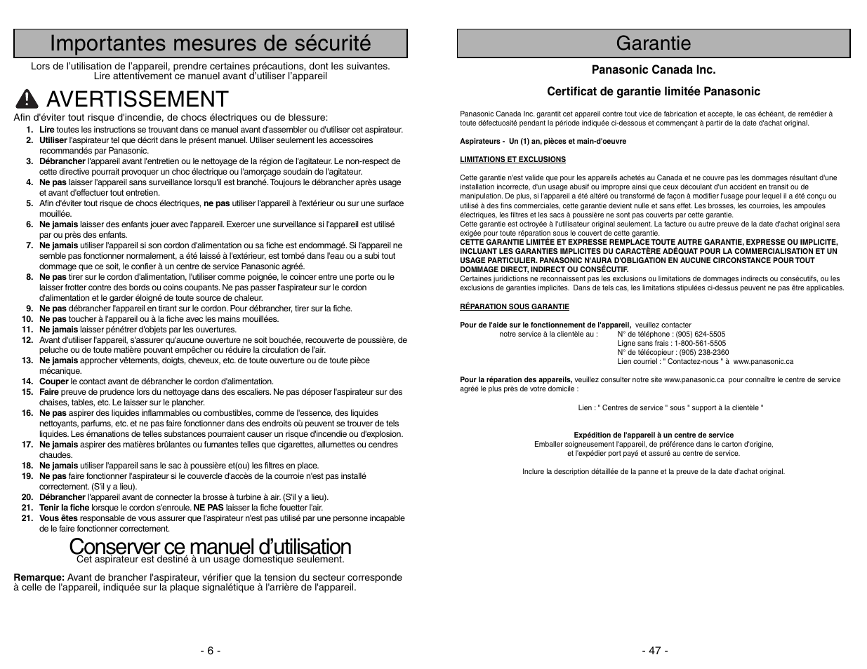 Importantes mesures de securite, Importantes mesures de sécurité, Avertissement | Conserver ce manuel d’utilisation, Garantie | Panasonic MC-UG471 User Manual | Page 6 / 52