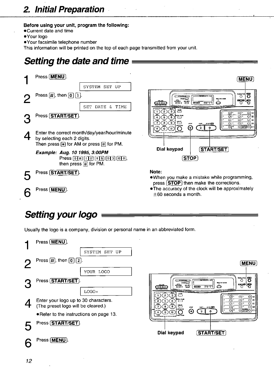 Setting the date and time, Setting your logo, Setting the date and time setting your logo | Initial preparation | Panasonic KXF1100 User Manual | Page 12 / 84