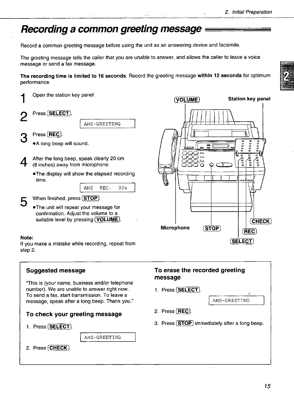 Recording a common greeting message, Suggested message, To erase the recorded greeting | To check your greeting message | Panasonic KXF1100 User Manual | Page 15 / 84