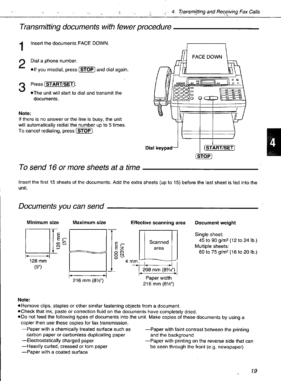 Transmitting documents with fewer procedure, Or more sheets at a time, Documents you can send | Panasonic KXF1100 User Manual | Page 19 / 84