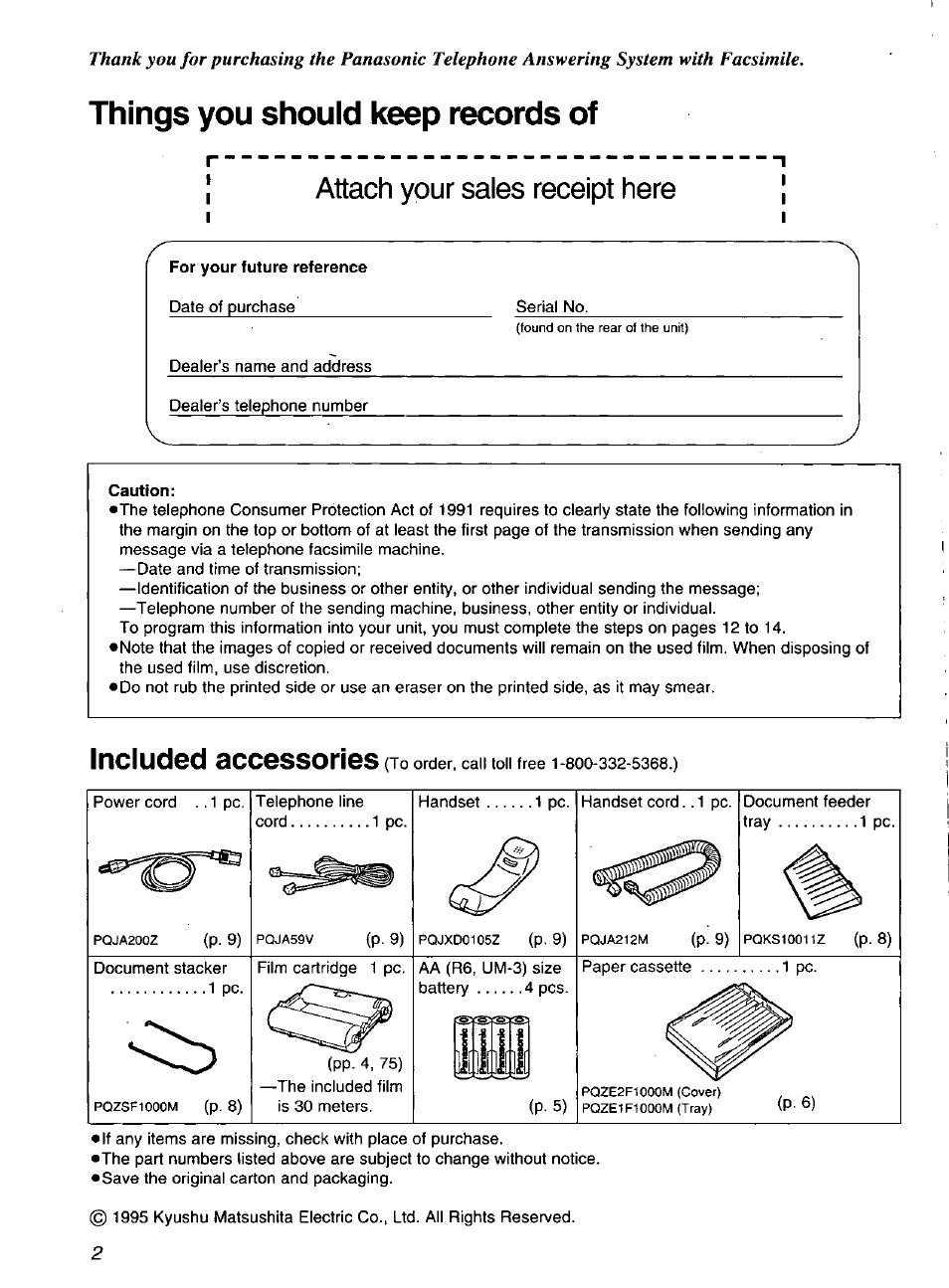 For your future reference, Caution, Things you should keep records of | Included accessories, Attach your sales receipt here | Panasonic KXF1100 User Manual | Page 2 / 84