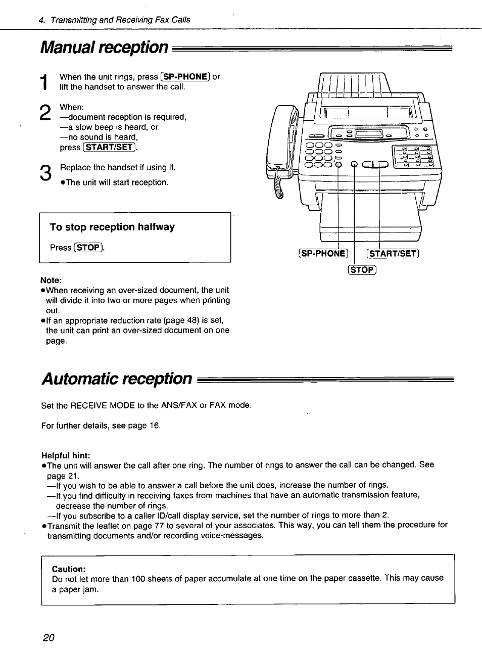Manual reception, To stop reception halfway, Automatic reception | Panasonic KXF1100 User Manual | Page 20 / 84