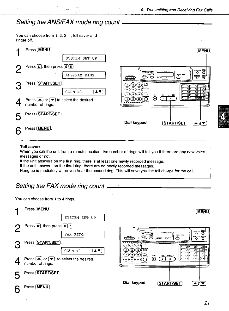Setting the ans/fax mode ring count, Setting the fax mode ring count | Panasonic KXF1100 User Manual | Page 21 / 84