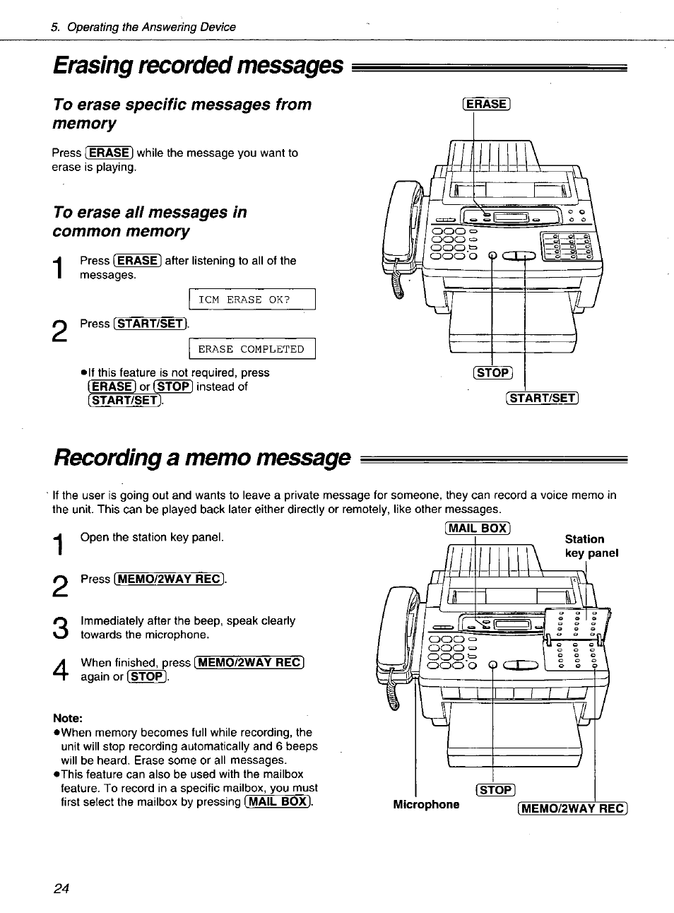 Erasing recorded messages, Recording a memo message, Erasing recorded messages recording a memo message | Panasonic KXF1100 User Manual | Page 24 / 84