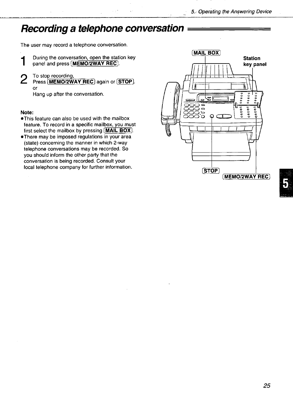 Recording a telephone conversation, Note | Panasonic KXF1100 User Manual | Page 25 / 84