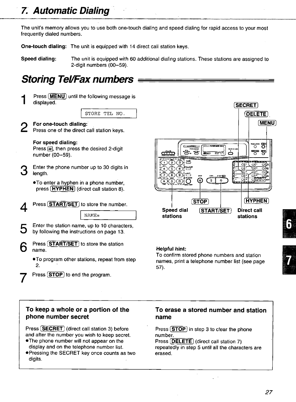 Automatic dialing, Storing tel/fax numbers, For one-touch dialing | For speed dialing, Helpful hint, To erase a stored number and station name | Panasonic KXF1100 User Manual | Page 27 / 84