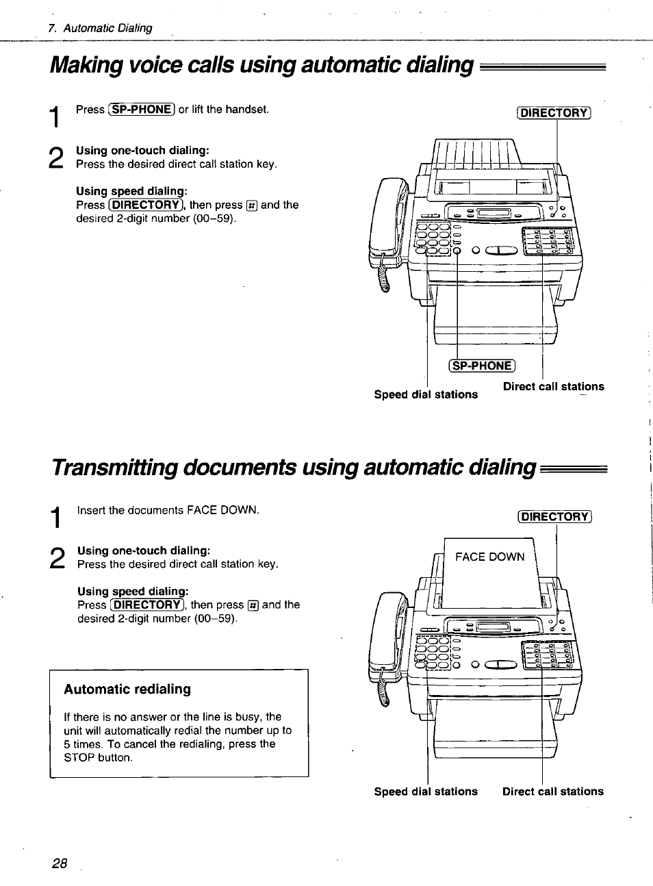Making voice caiis using automatic diaiing, Using one-touch dialing, Transmitting documents using automatic diaiing | Automatic redialing | Panasonic KXF1100 User Manual | Page 28 / 84