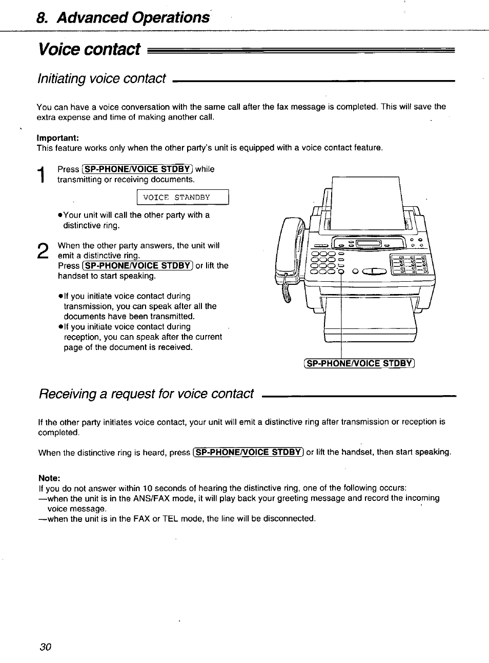 Voice contact, Advanced operations | Panasonic KXF1100 User Manual | Page 30 / 84