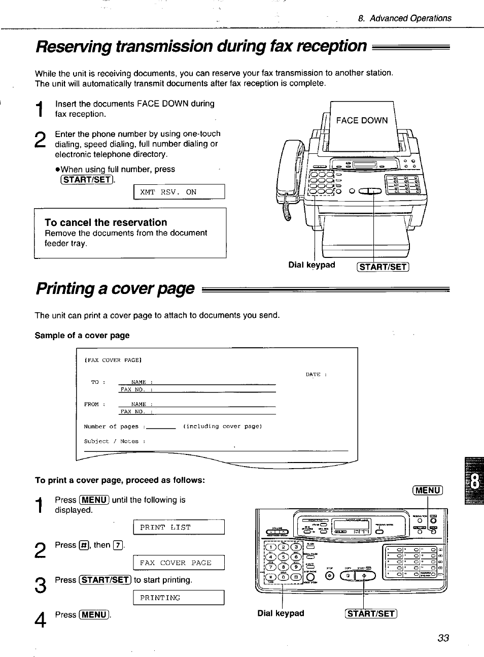 Reserving transmission during fax reception, To cancel the reservation, Printing a cover page | Panasonic KXF1100 User Manual | Page 33 / 84