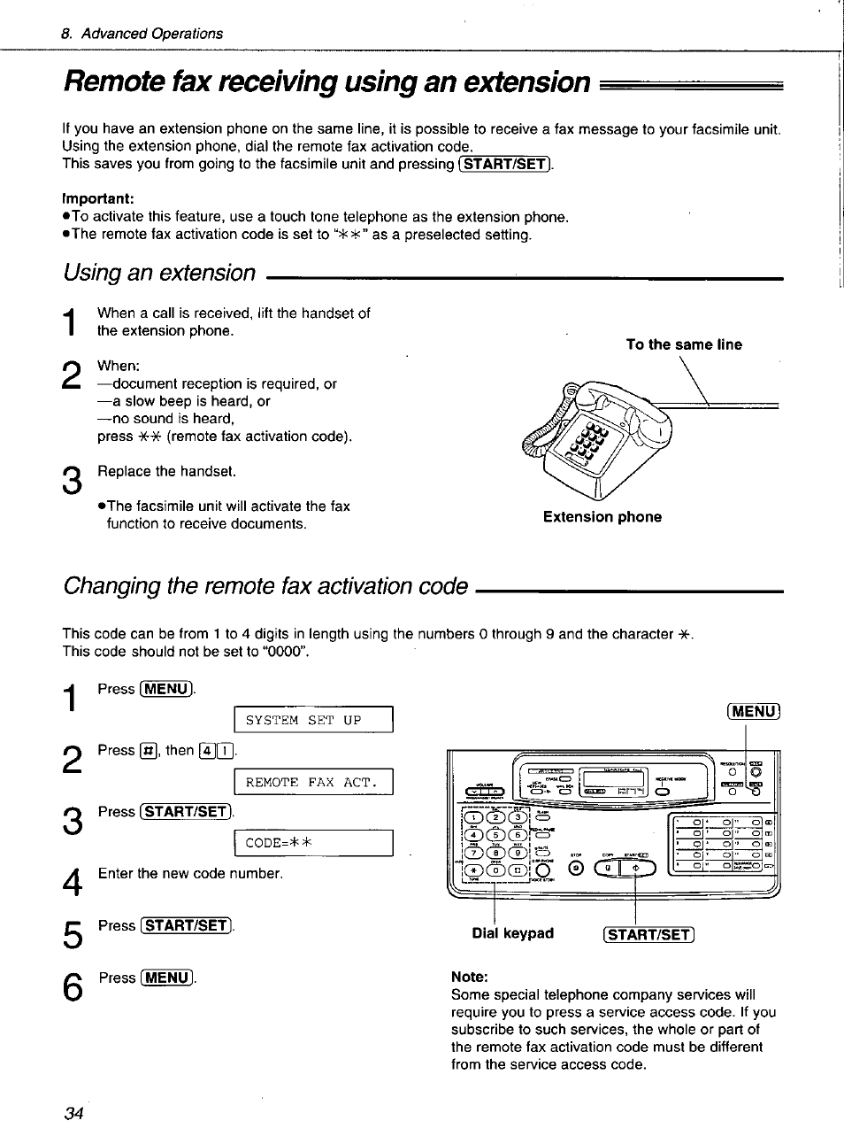 Remote fax receiving using an extension | Panasonic KXF1100 User Manual | Page 34 / 84
