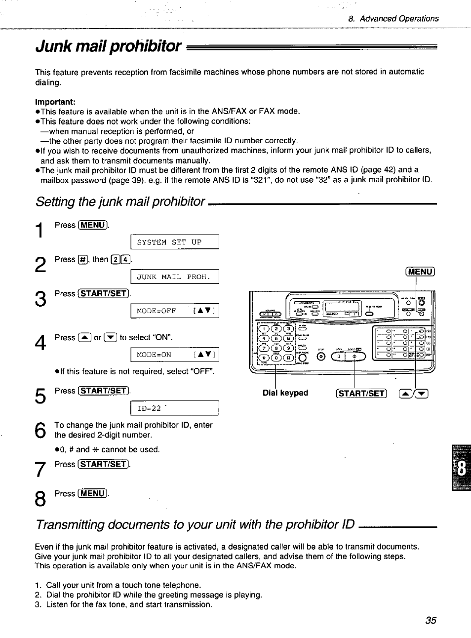 Junk mail prohibitor, Important, Menu | Dial keypad, F start/setl | Panasonic KXF1100 User Manual | Page 35 / 84