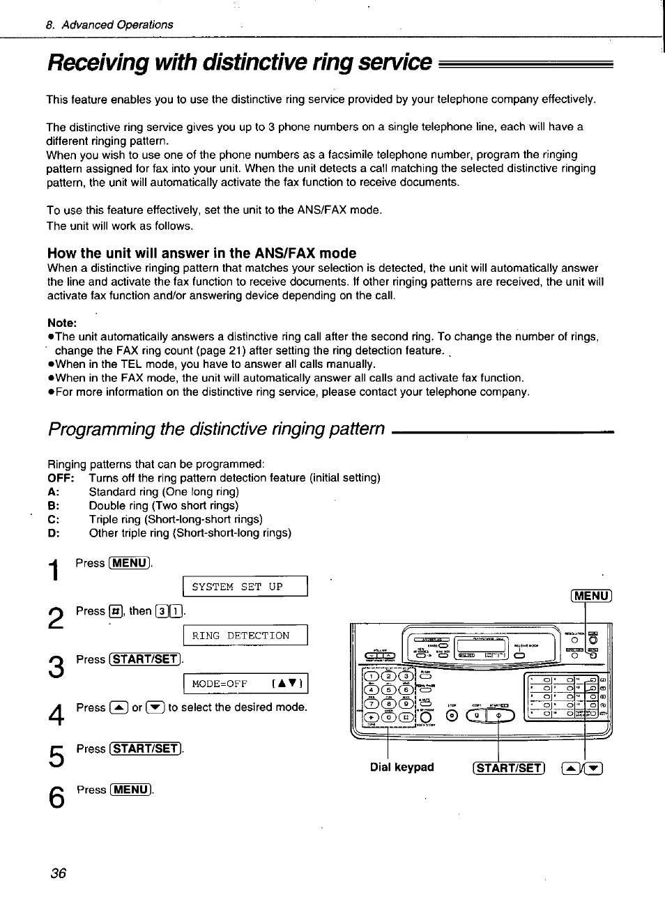Receiving with distinctive ring service, How the unit will answer in the ans/fax mode | Panasonic KXF1100 User Manual | Page 36 / 84