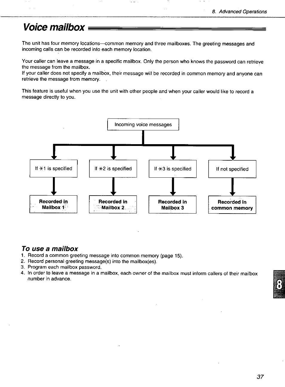 Voice mailt)ox, Voice mailbox | Panasonic KXF1100 User Manual | Page 37 / 84