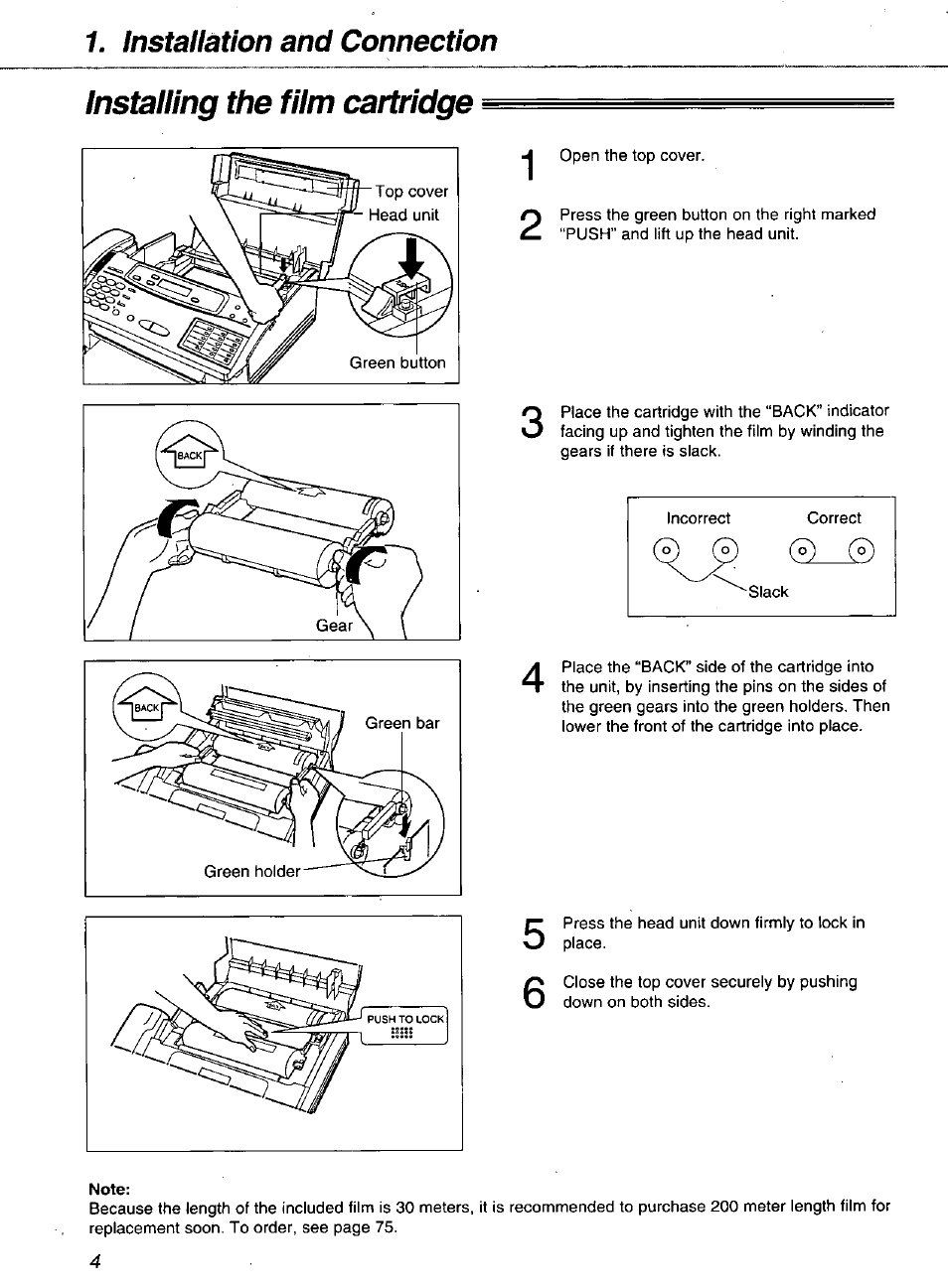 Installing the film cartridge, Installation and connection | Panasonic KXF1100 User Manual | Page 4 / 84
