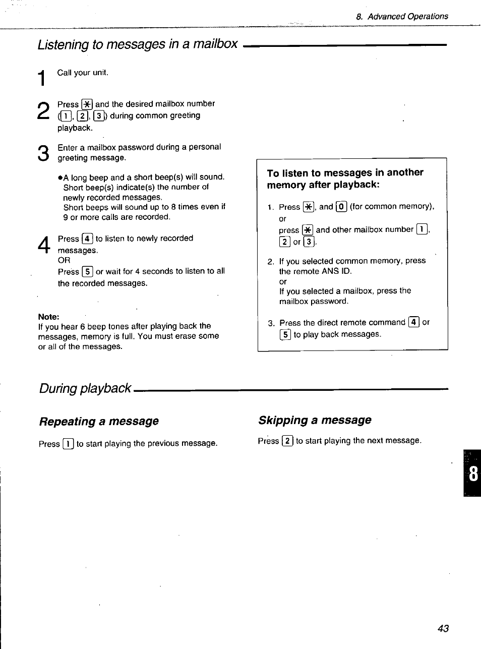 Repeating a message, Skipping a message | Panasonic KXF1100 User Manual | Page 43 / 84