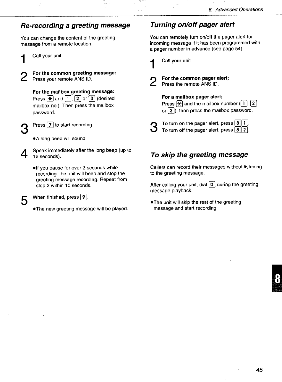 For the common greeting message, For the mailbox greeting message | Panasonic KXF1100 User Manual | Page 45 / 84