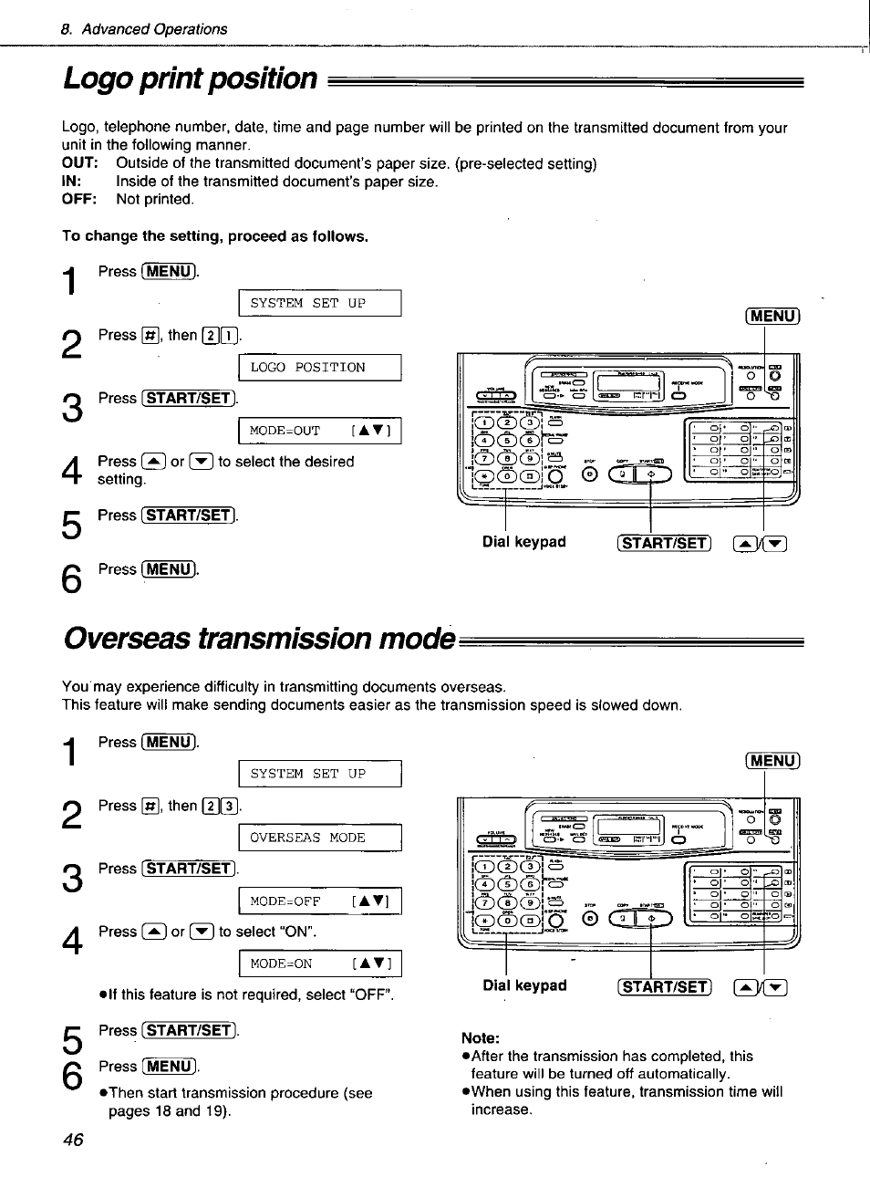 Logo print position, Overseas transmission mode | Panasonic KXF1100 User Manual | Page 46 / 84