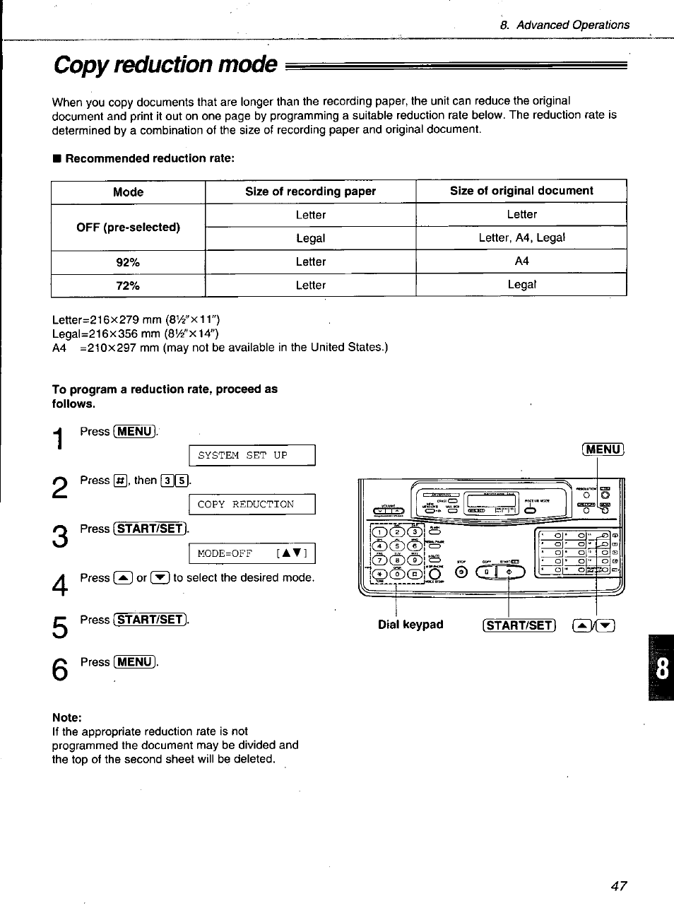 Copy reduction mode, Recommended reduction rate, To program a reduction rate, proceed as foilows | Note | Panasonic KXF1100 User Manual | Page 47 / 84