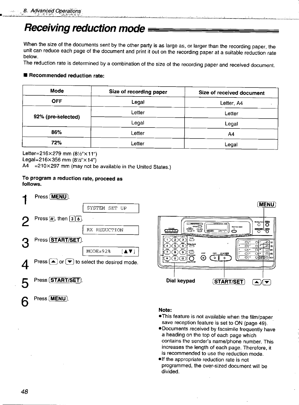 Receiving reduction mode, To program a reduction rate, proceed as foliows, Dial keypad | Note | Panasonic KXF1100 User Manual | Page 48 / 84