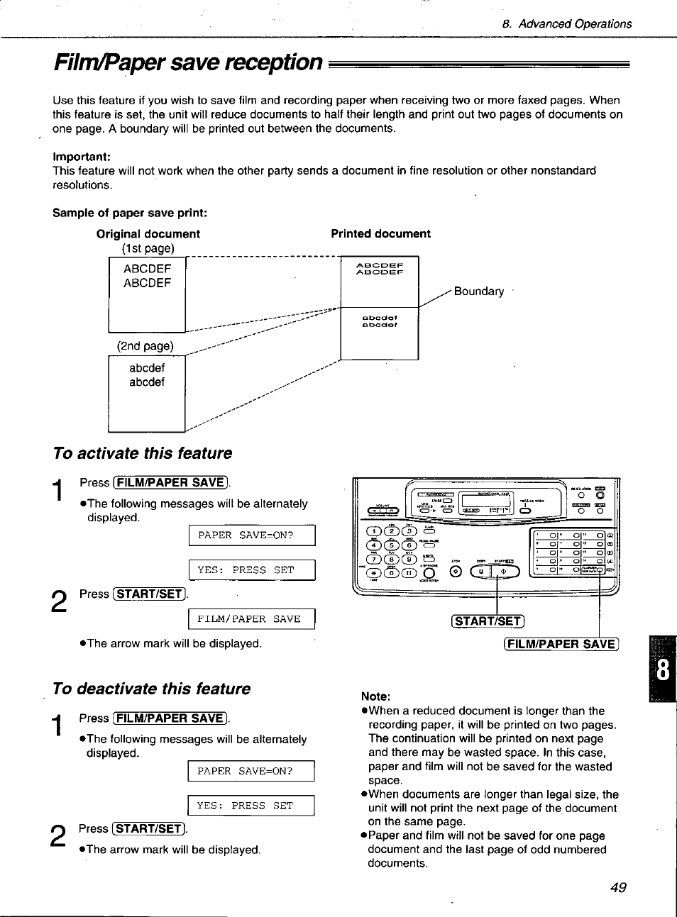 Film/paper save reception | Panasonic KXF1100 User Manual | Page 49 / 84