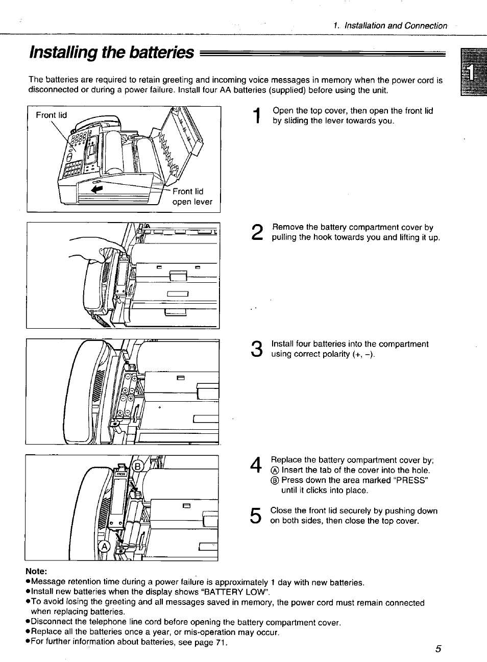 Installing the batteries | Panasonic KXF1100 User Manual | Page 5 / 84