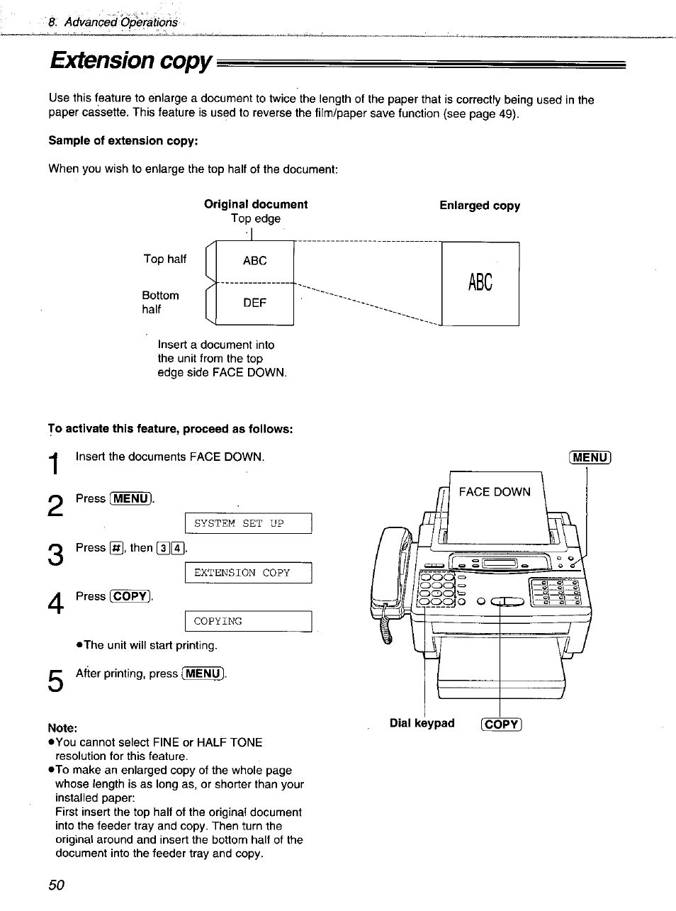 Extension copy, Sample of extension copy, To activate this feature, proceed as follows | Note, Menu | Panasonic KXF1100 User Manual | Page 50 / 84