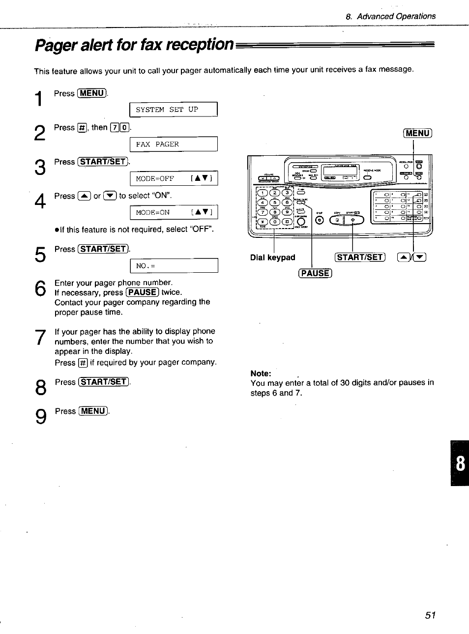 Note, Pager alert for fax reception | Panasonic KXF1100 User Manual | Page 51 / 84