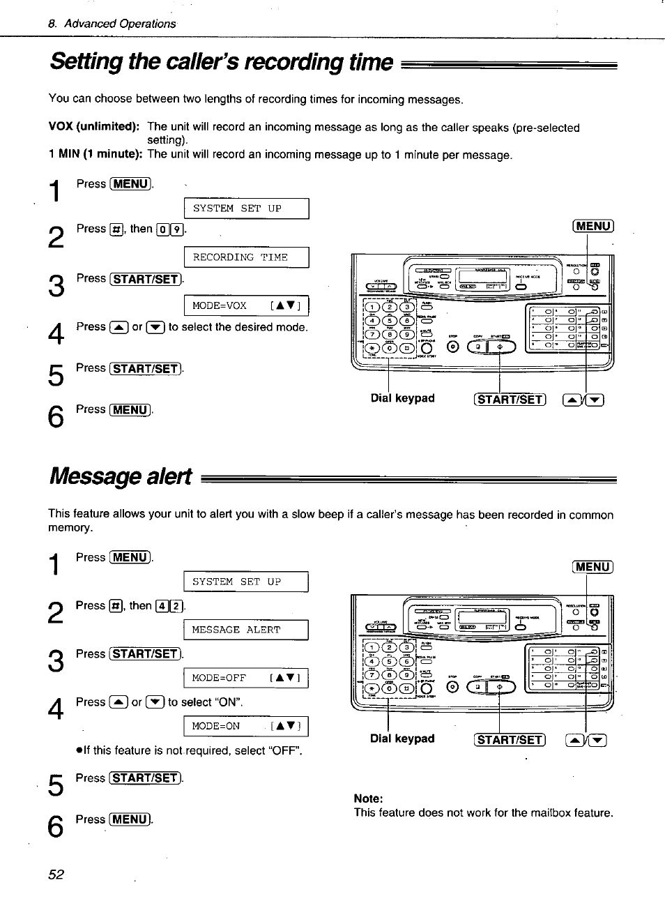 Setting the caller’s recording time, Message alert, Setting the caller’s recording time message alert | Panasonic KXF1100 User Manual | Page 52 / 84