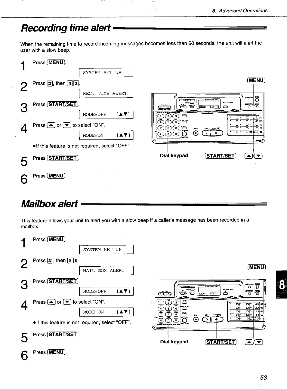 Recording time aiert, Maiiix)x aiert, Recording time alert | Panasonic KXF1100 User Manual | Page 53 / 84