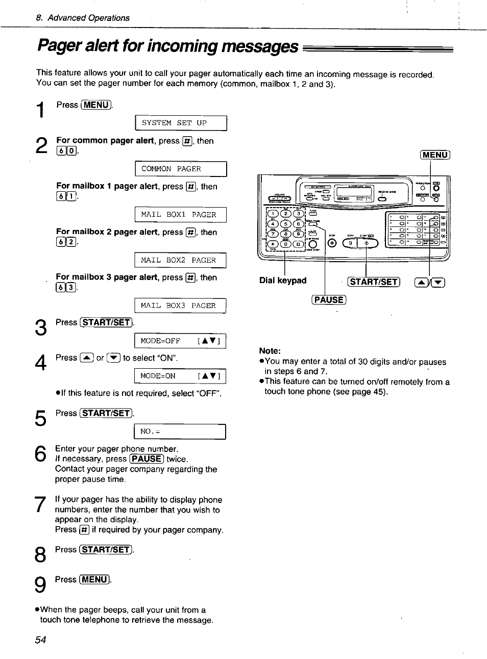 Press [start/set, Dial keypad, Start/set | Pause, Note, Pager alert for incoming messages | Panasonic KXF1100 User Manual | Page 54 / 84
