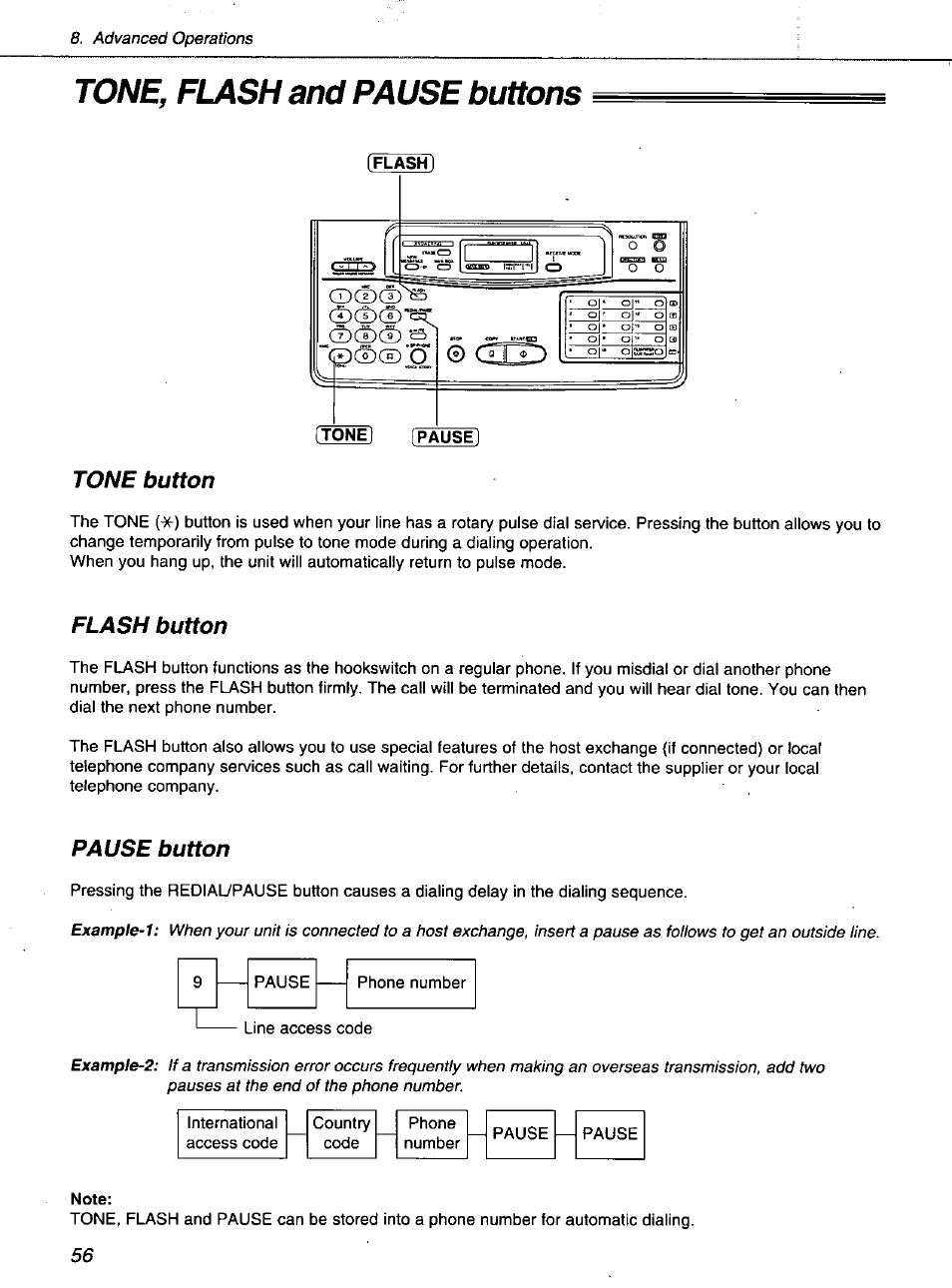 Tone, flash and pause buttons, Tone button, Flash button | Pause button | Panasonic KXF1100 User Manual | Page 56 / 84