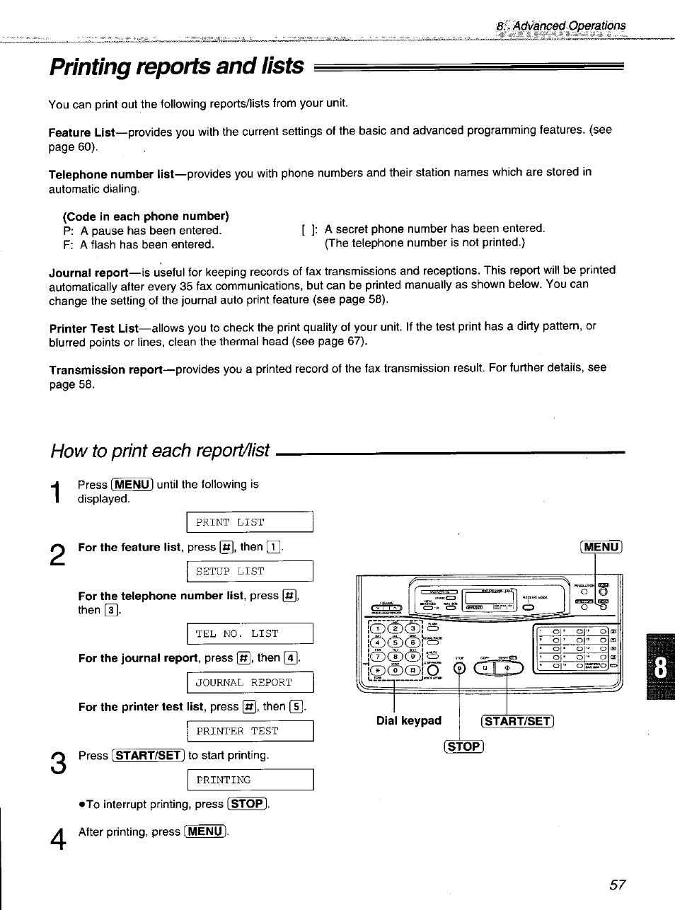 Printing reports and iists, Printing reports and lists, How to print each report/list | Panasonic KXF1100 User Manual | Page 57 / 84