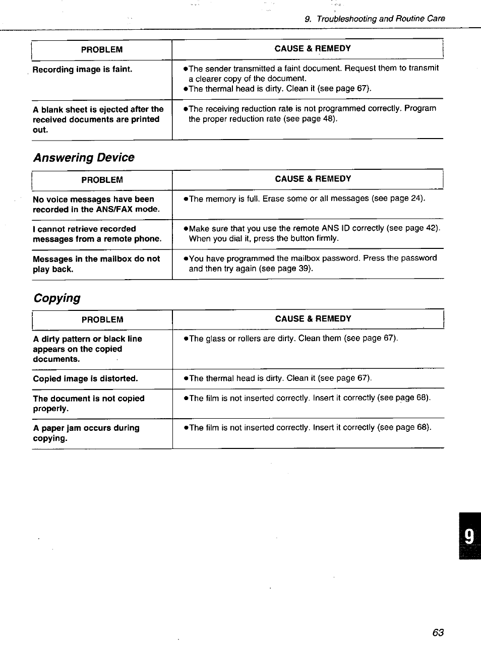 Answering device, Copying | Panasonic KXF1100 User Manual | Page 63 / 84