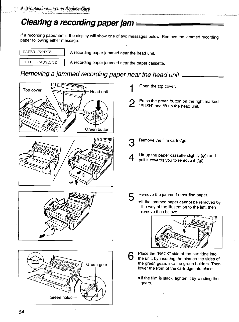 Clearing a recording paper jam | Panasonic KXF1100 User Manual | Page 64 / 84